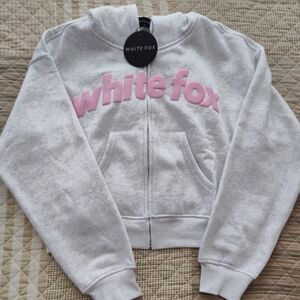 NWT White Fox Boxy Front Zip Hoodie Grey Marle XS/S
